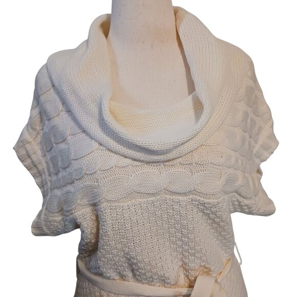 Apostrophe Short Sleeve Loose-Knit Cowlneck Sweater Dress, Cream/Ivory Color, XL - Picture 8 of 14